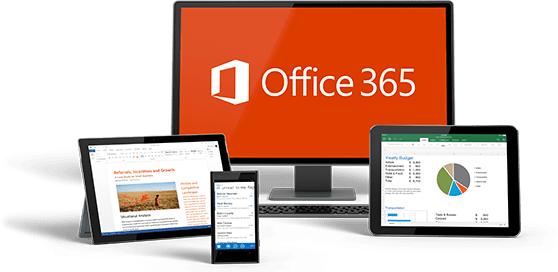 A computer monitor, tablet, smartphone, and laptop display Office 365 applications. The monitor shows the Office 365 logo, the tablet displays Excel with a chart, the phone shows an email, and the laptop displays a Word document.