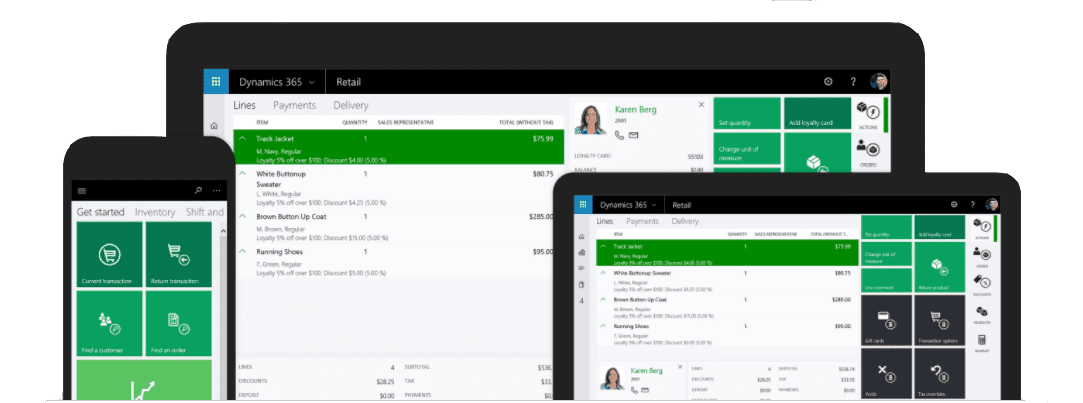 User interface of Dynamics 365 Retail displayed on various devices: a smartphone, a tablet, and a computer screen. The interfaces show different sections such as Transaction, Payment, and Delivery, with green, black, and white color schemes.