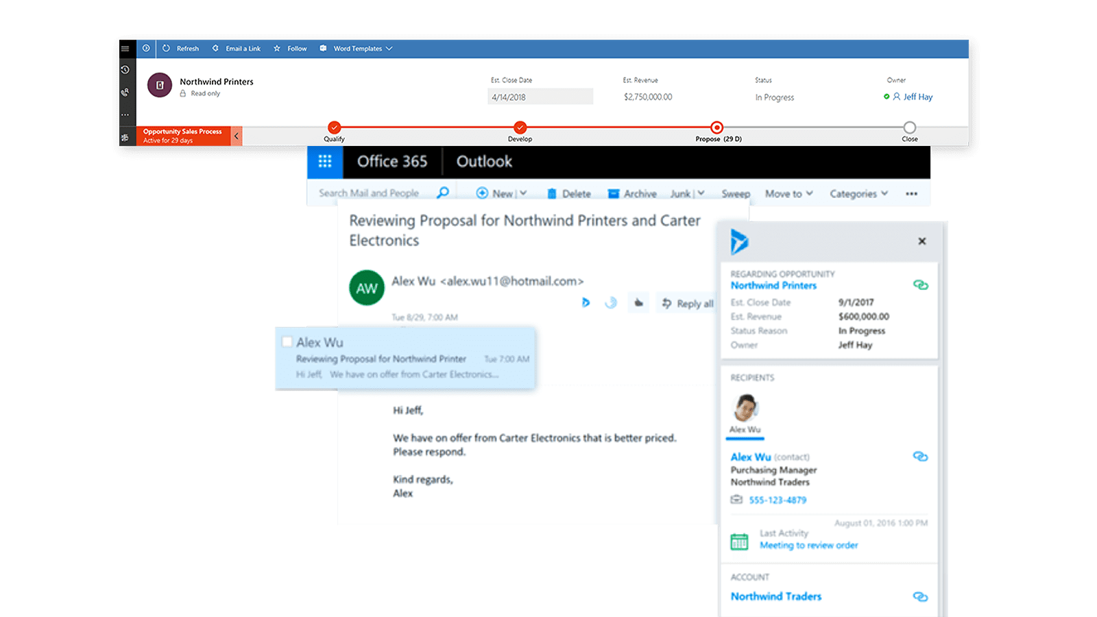 Screenshot of a Microsoft Outlook email from Alex Wu, discussing a proposal for Northwind Printers and Carter Electronics, displayed with a sales management interface showing opportunity stages, linked account details, and key figures.