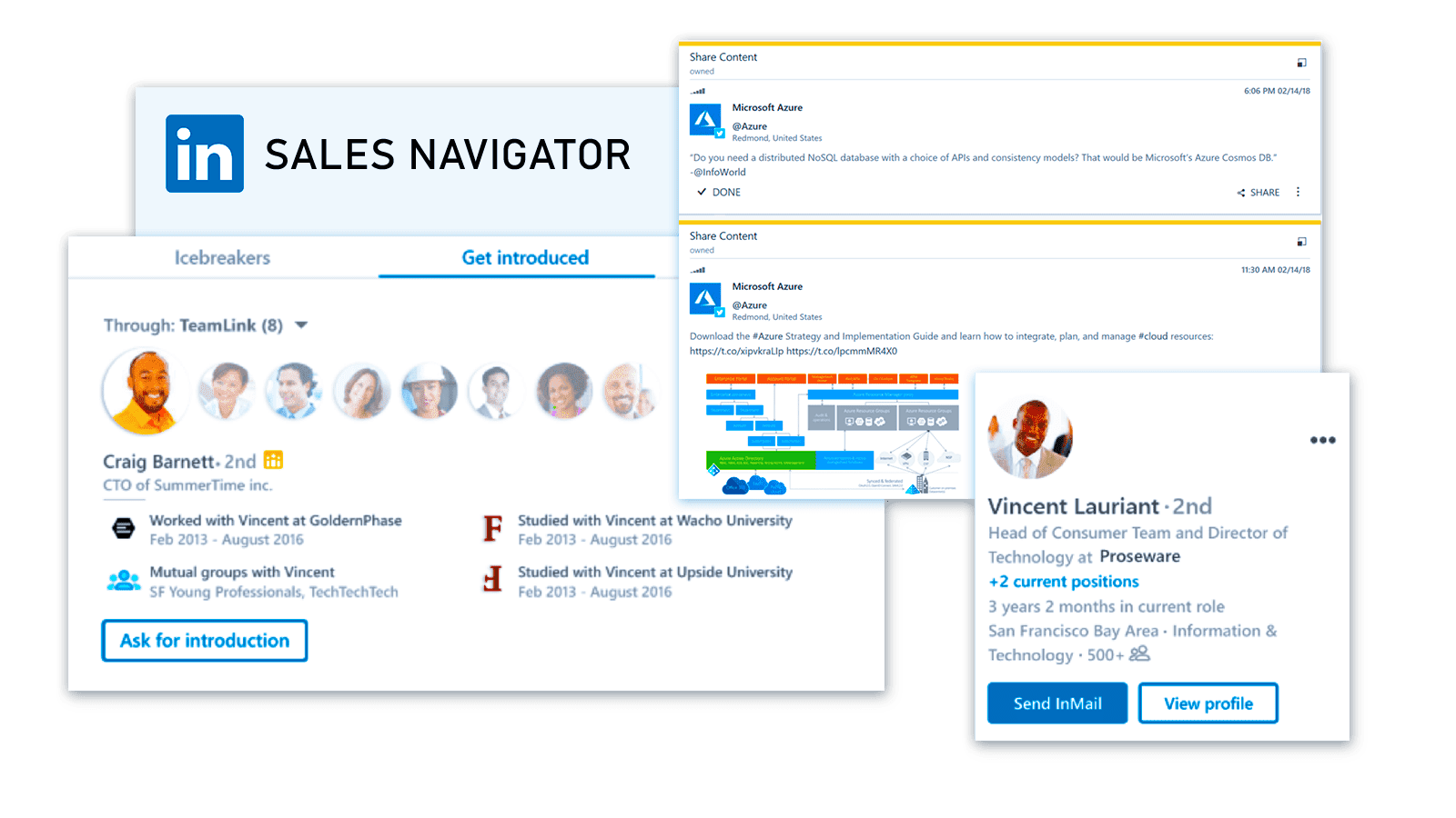 Screenshot of LinkedIn Sales Navigator displaying profiles, highlighting career details, mutual connections, and a sharing option. Includes sections for Icebreakers, Get Introduced, and profile summaries with options to Send InMail or View profile.