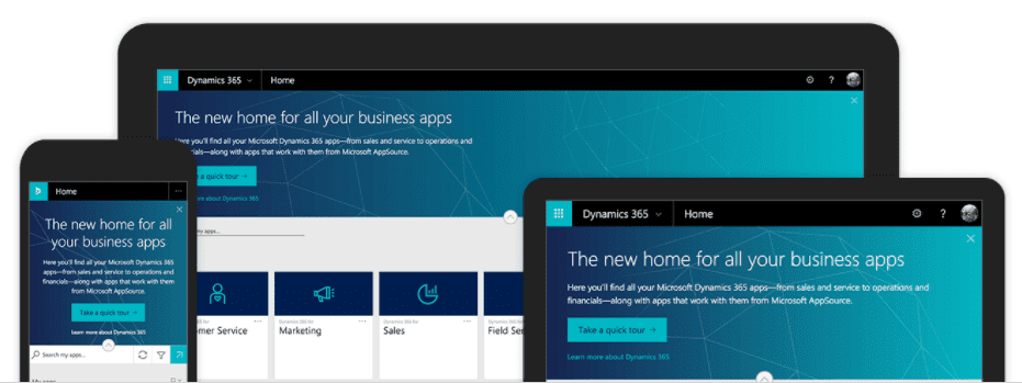 A smartphone, tablet, and laptop all display the Microsoft Dynamics 365 homepage. The screen shows sections for Customer Service, Marketing, Sales, and Field Service, with a banner announcing new business apps.
