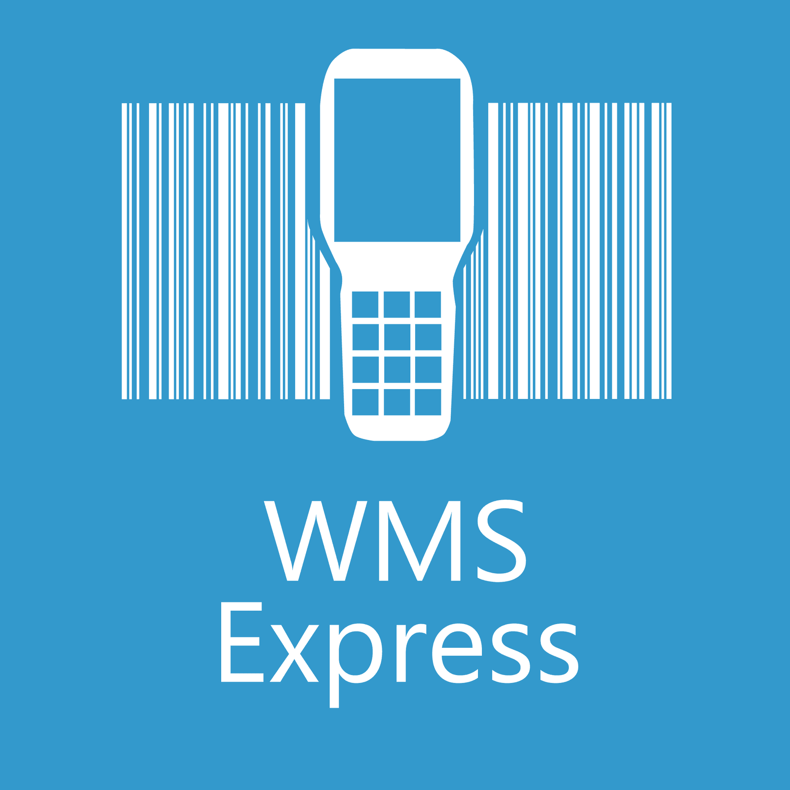 A white barcode scanner icon in front of a barcode is centered on a blue background. Below it, white text reads WMS Express.