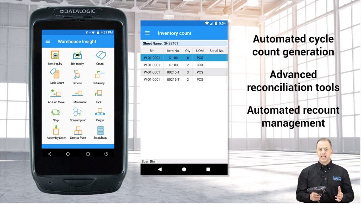 A mobile device displays a warehouse app interface with icons for various functions. Next to it, inventory count details. Text reads: Automated cycle count generation, Advanced reconciliation tools, Automated recount management. A man gestures nearby.