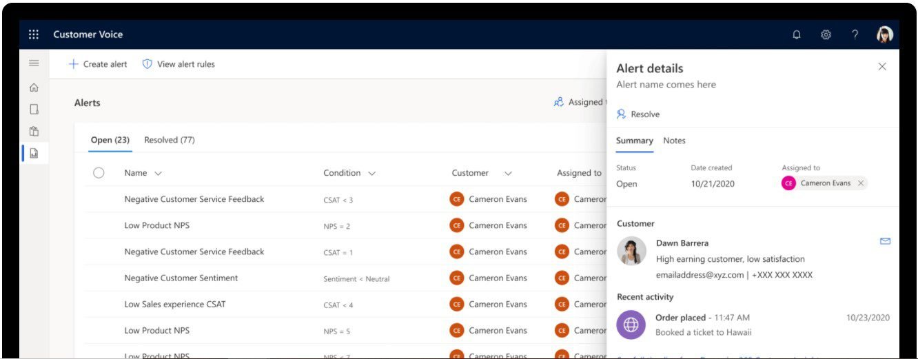 A computer screen displaying a customer alert management interface. The left side lists alerts with customer names and alert types. The right panel shows details for a selected alert, including customer info and recent activity.