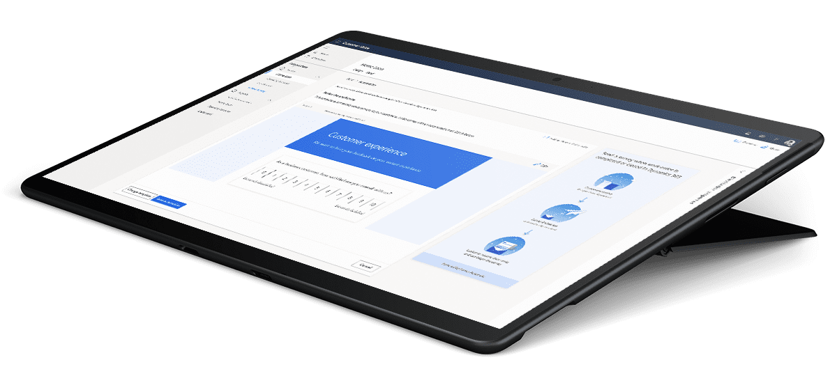 Tablet displaying a webpage with a survey or analytics dashboard. The screen shows options for customer experience, with graphs and charts on the right side. The device is black, viewed at an angle, and stands on a built-in kickstand.
